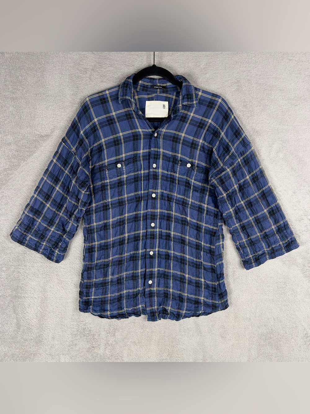 R13 Kimono Shirt Women's Small Button Up Blue Yellow Plaid Japanese Fabric